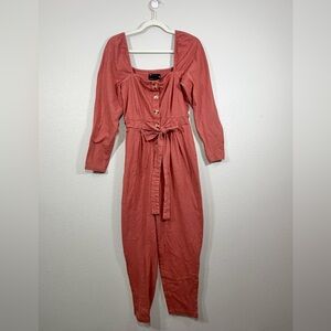 ASOS Design Jumpsuit Long Sleeve Pants Button Detail Tie Bow Rust Orange Women 6